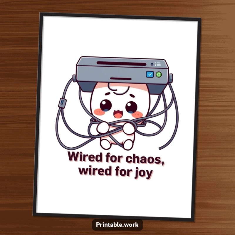 Funny Free Printable Wall Art: Kawaii character comically tangled in printer cables with a surprised look, a humorous take on tech.