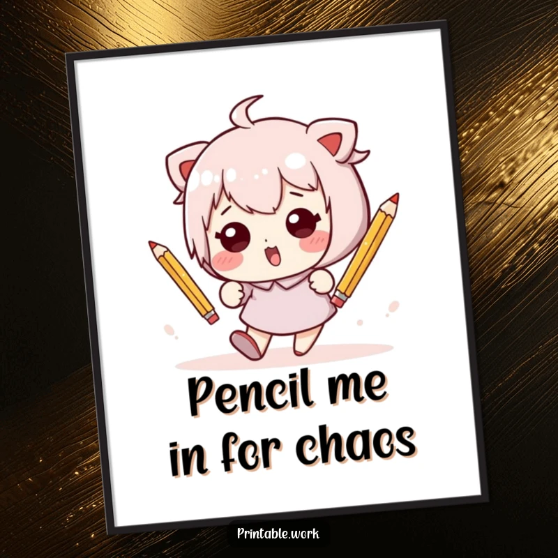 Funny Free Printable Wall Art: Kawaii character hilariously stumbling with a pile of pencils, creating a dynamic and amusing visual.