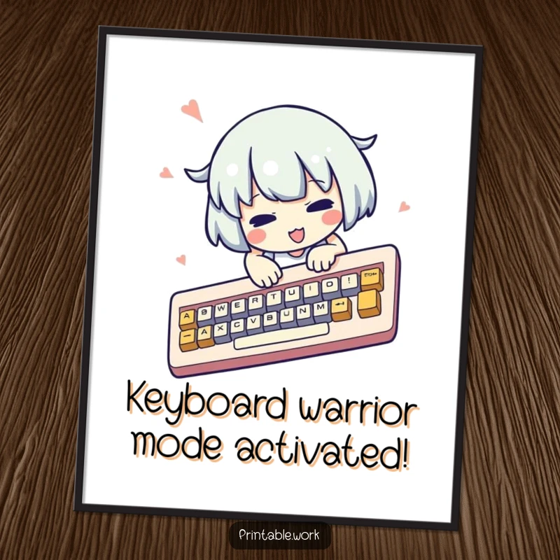Funny Free Printable Wall Art: Kawaii character with determined expression, typing on a comically oversized keyboard.