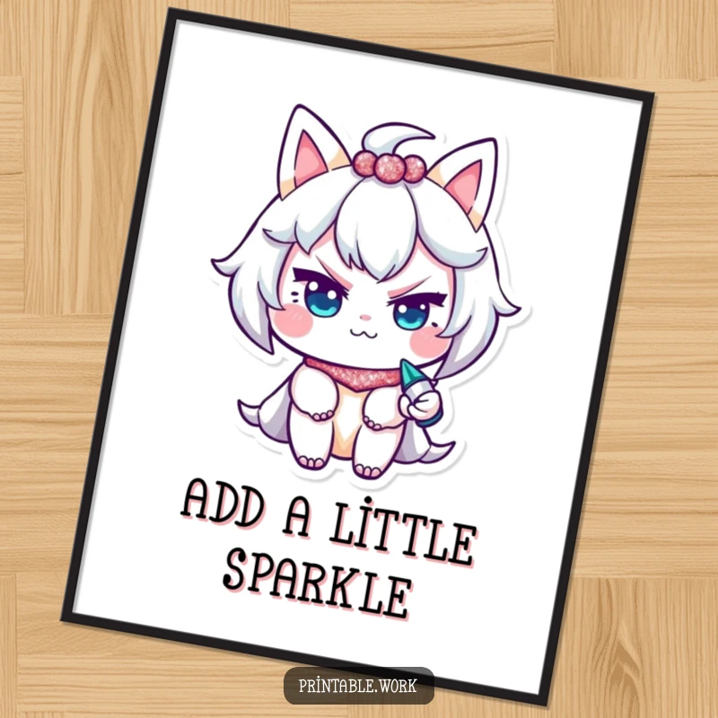 Funny free printable wall art of a character with a mischievous wink, using a glitter pen to add sparkle and playful allure.