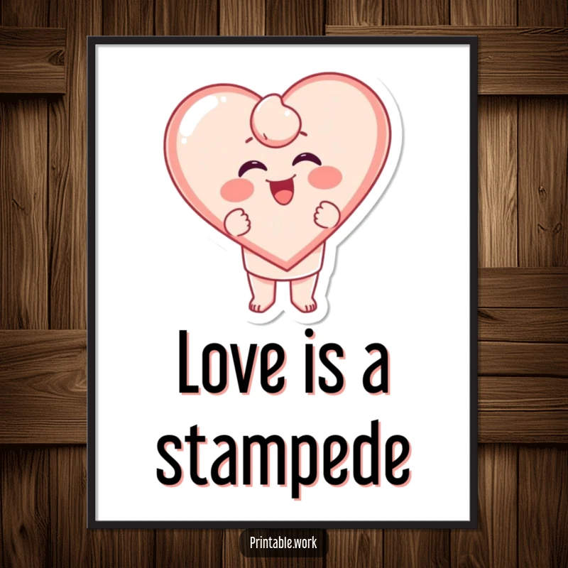 Funny Free Printable Wall Art: Character energetically stamping a large, giggling heart shape, radiating happiness and love.