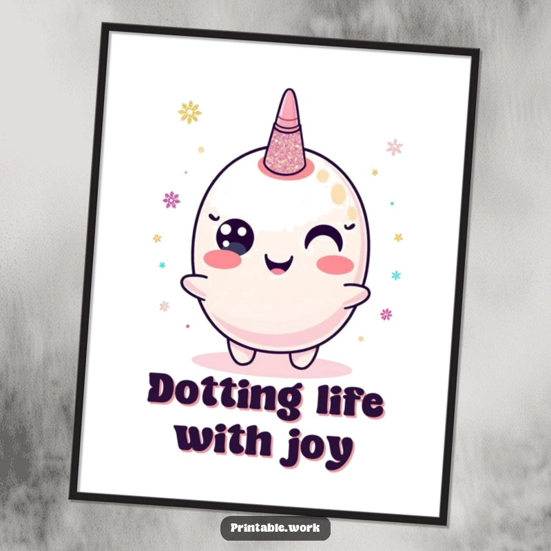 Funny Free Printable Wall Art of a happy glitter glue character humorously dispensing shimmering dots for a playful aesthetic.