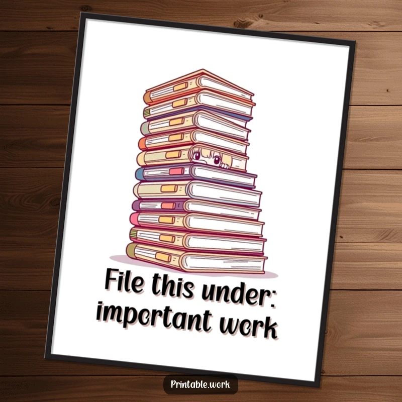 Funny free printable wall art of a character peeking from a mountain of files, a humorous office decor downloadable.