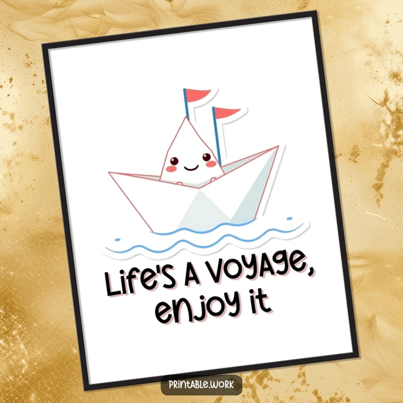 Funny Free Printable Wall Art: A happy paper boat character with a tiny flag sails confidently on a blue wavy line.