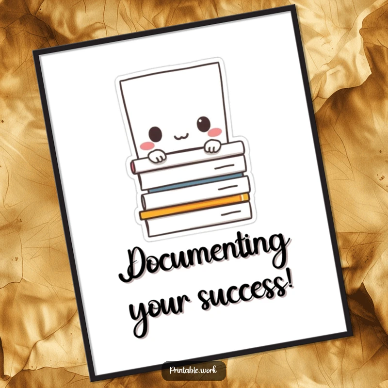 Funny free printable wall art of a cute paper character peeking out from behind a tall stack of documents, adding whimsical decor.