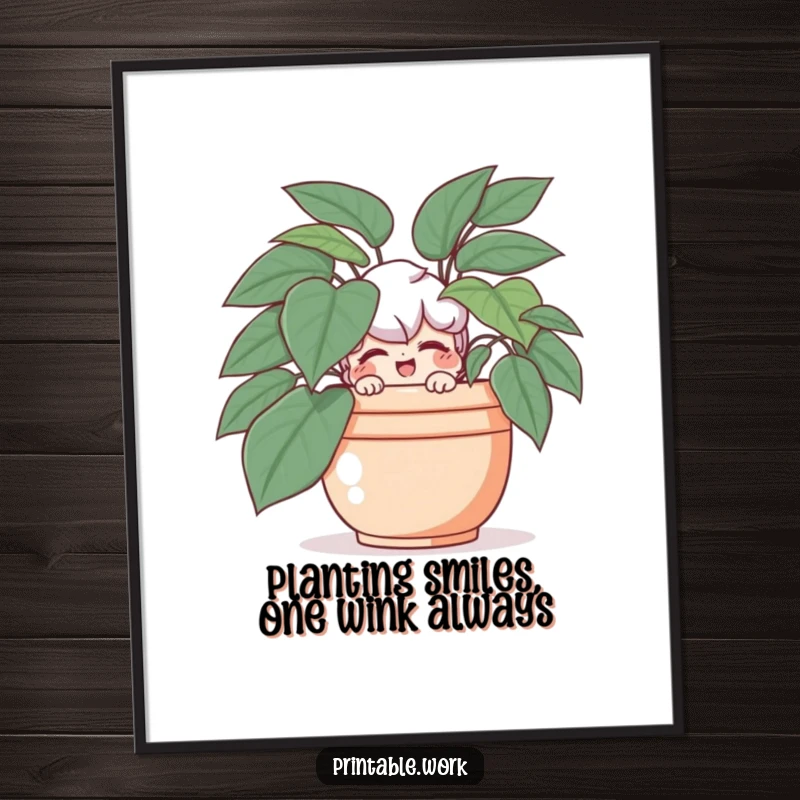 Funny free printable wall art featuring a playful character peeking from behind a large plant, offering a mischievous wink to the viewer.
