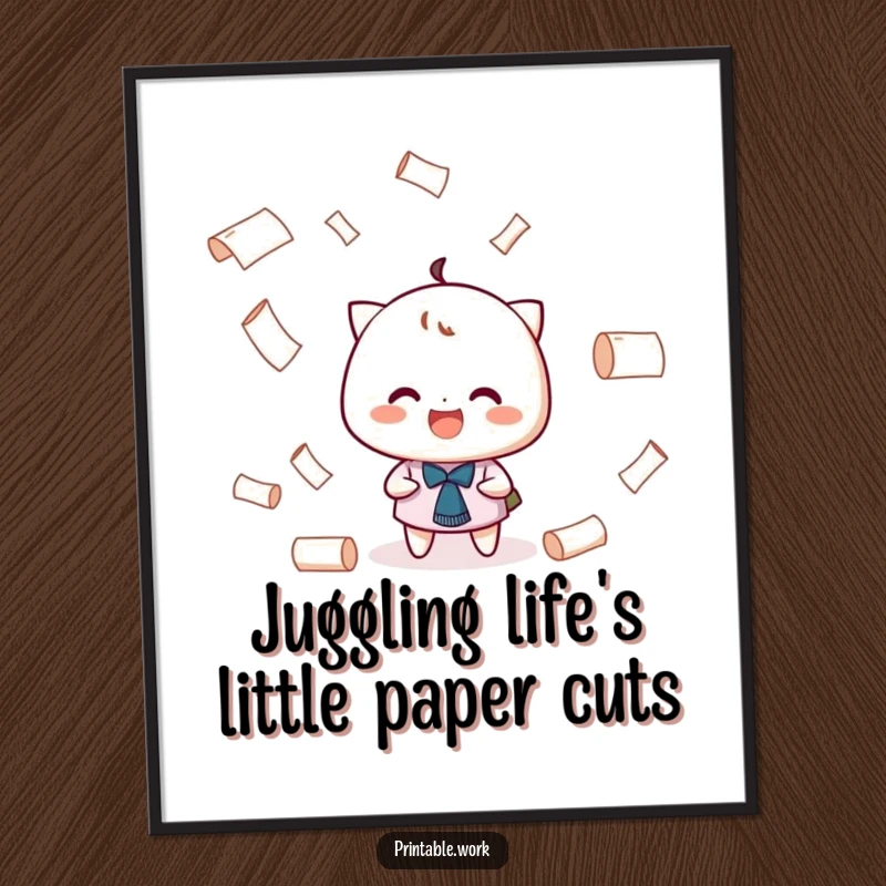 Funny Free Printable Wall Art: Character with a wide grin, playfully juggling tiny rolls of paper with impressive skill.