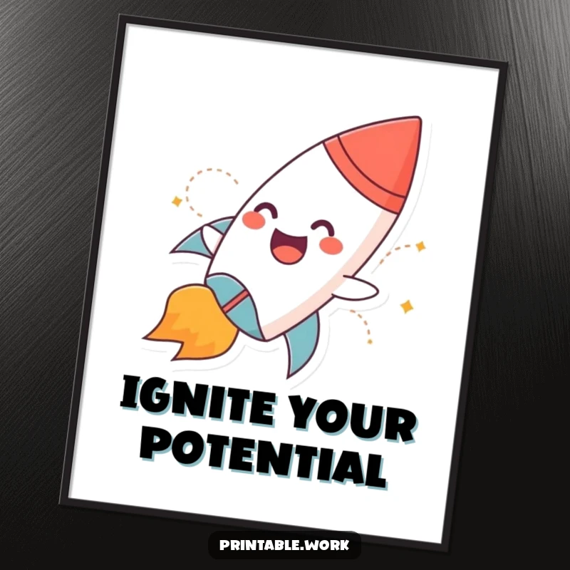 Funny Free Printable Wall Art: A giggling paper rocket character with bright flames launching upwards.