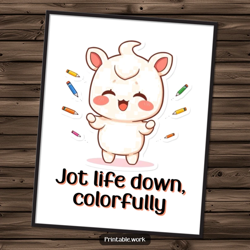 Funny Free Printable Wall Art: A giggling Kawaii character juggles colorful pens, creating a lively and artistic visual statement.