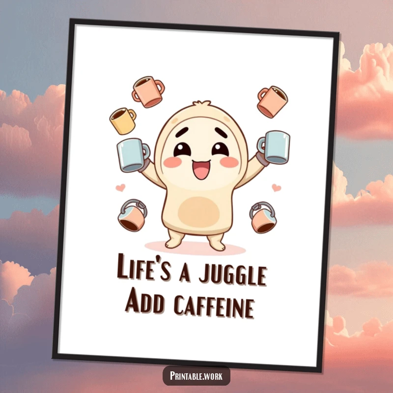 Funny Free Printable Wall Art depicting a giddy Kawaii character masterfully juggling a pile of coffee mugs with a joyful expression.