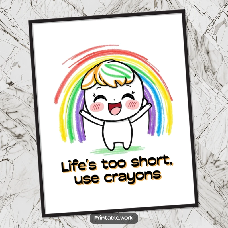 Funny Free Printable Wall Art showcasing a delighted crayon character drawing a spectacular rainbow with bold, vibrant strokes, bringing color and joy.
