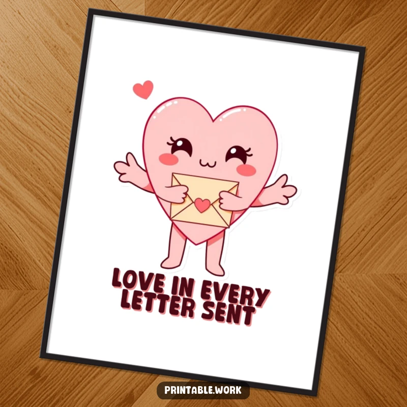 Funny free printable wall art of a paper heart character with arms outstretched, tenderly hugging a tiny envelope.