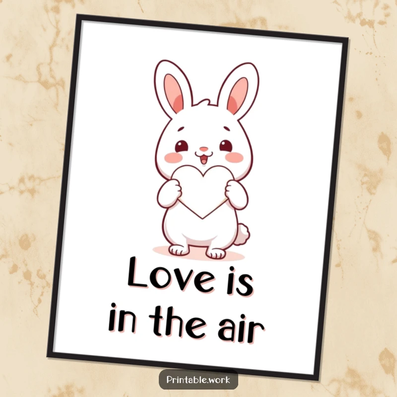 Funny Free Printable Wall Art: An excited kawaii rabbit carefully cuts out a large, stylized heart shape from colorful paper, radiating love.