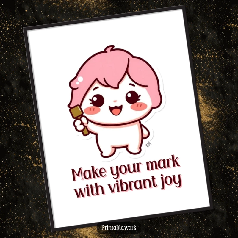 Funny Free Printable Wall Art: A Kawaii character cheerfully stamps a large, vibrant, colorful icon.