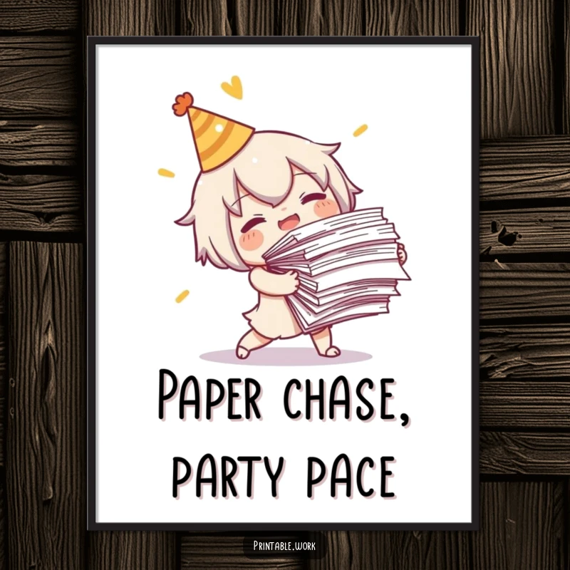 Funny Free Printable Character Wall Art: Character in party hat comically tripping while holding a large, precarious stack of papers.