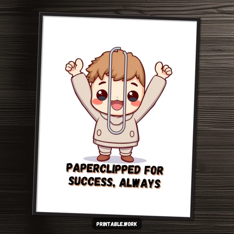 Funny free printable wall art of a triumphant character holding a giant, oversized paperclip, celebrating a small but significant office win.