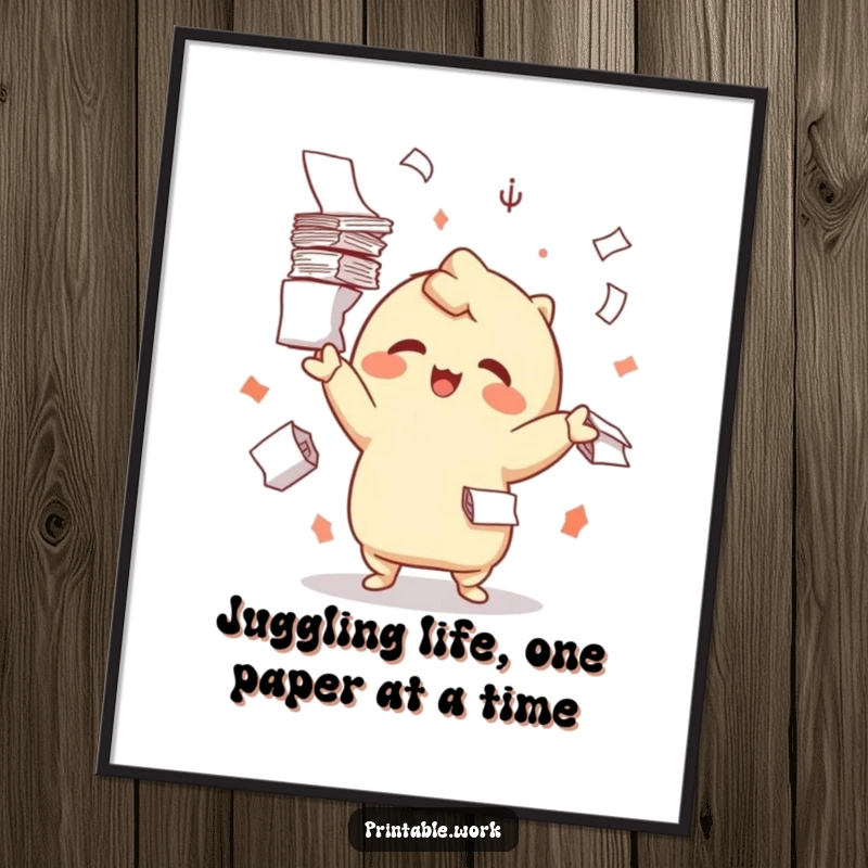 Funny Free Printable Wall Art: A delighted Kawaii character joyfully juggles stacks of paper, creating humorous downloadable art.