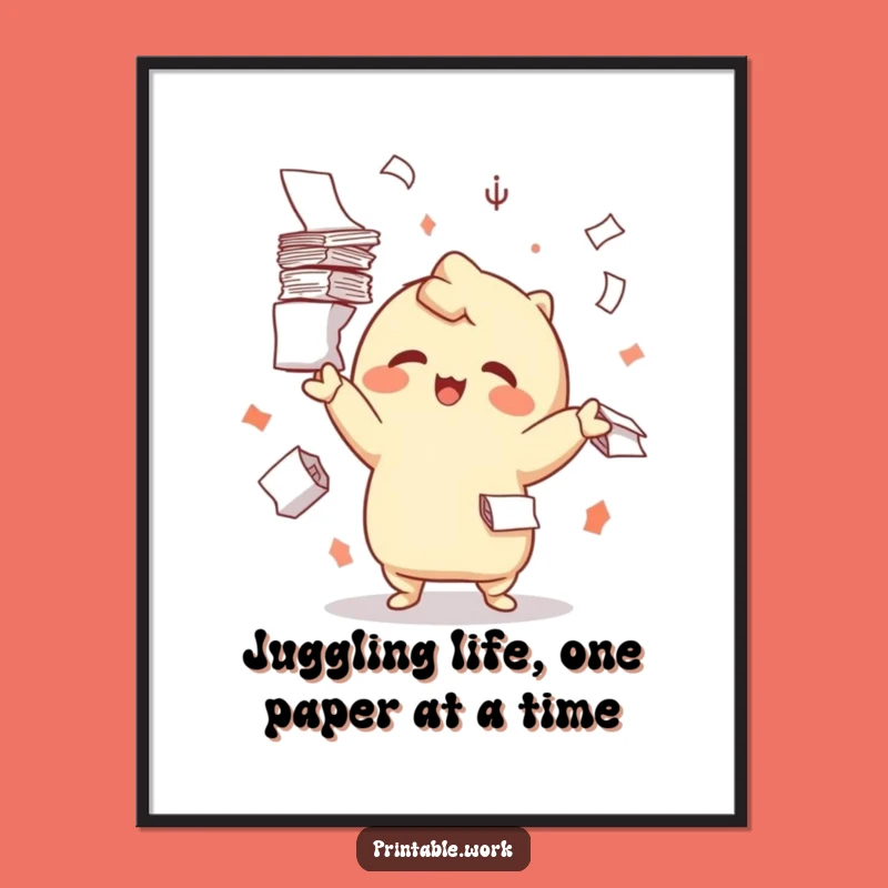 Playful Kawaii Juggling Papers- Free Printable Wall Art - Funny Downloadable Decor!