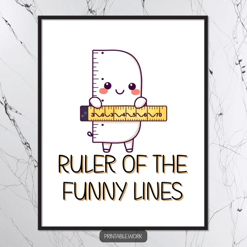 Funny Free Printable Wall Art: A playful ruler character is meticulously measuring a series of funny, meandering zigzag lines.