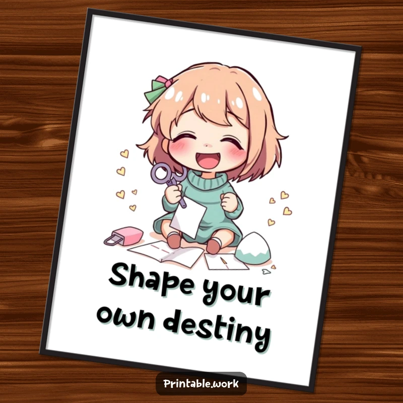 Funny free printable wall art of a character giggling while expertly cutting intricate paper shapes with scissors, full of joy.