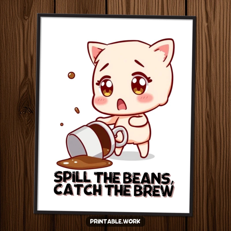 Funny Free Printable Wall Art: Character with shocked eyes, flying spilled coffee mug, kitchen humor art