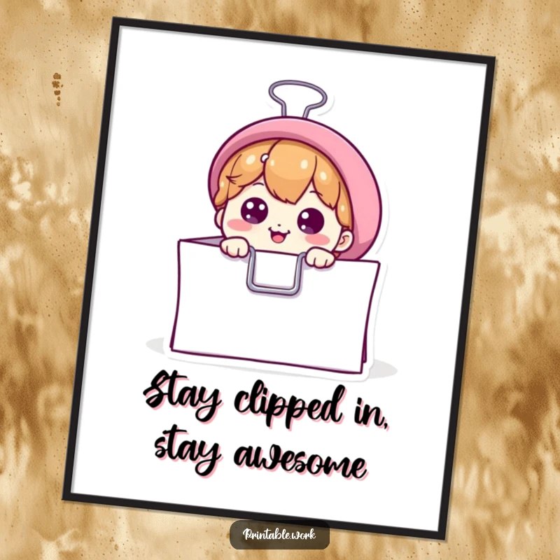 Funny Free Printable Wall Art: Cute binder clip character peeking from a paper stack, adding playful, curious vibes to your room.