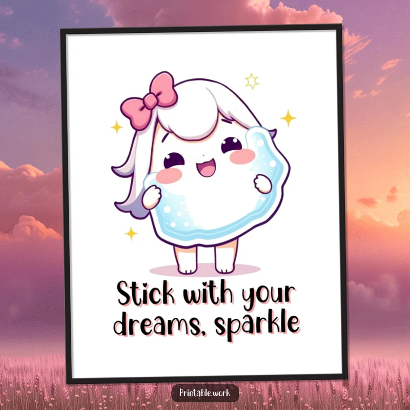 Funny Free Printable Wall Art: A delighted Kawaii character holds up a giant, sparkly sticker, radiating happiness and playful energy.