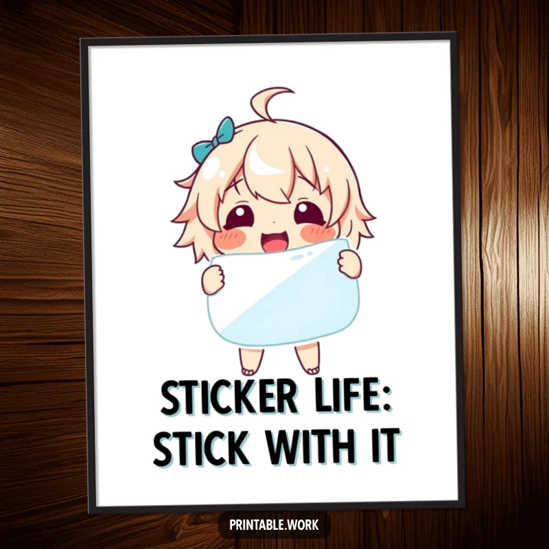 Funny Free Printable Wall Art: Character ecstatic with a colossal sticker, adding quirky charm to any room.
