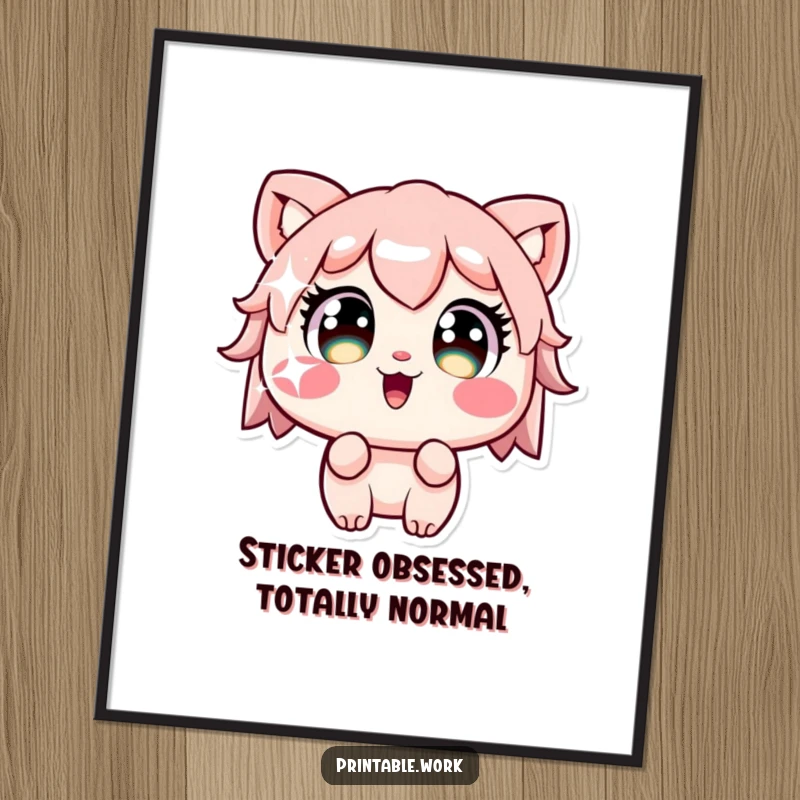 Funny Free Printable Wall Art: Kawaii character with wide, captivated eyes, staring at a brilliantly sparkling sticker, embodying pure wonder.