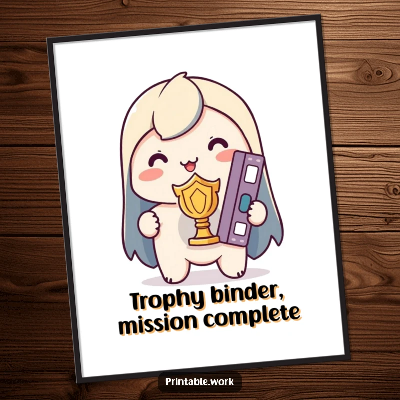 Funny Free Printable Wall Art: A happy Kawaii character holds a single, perfectly organized binder like a victorious trophy, celebrating order.