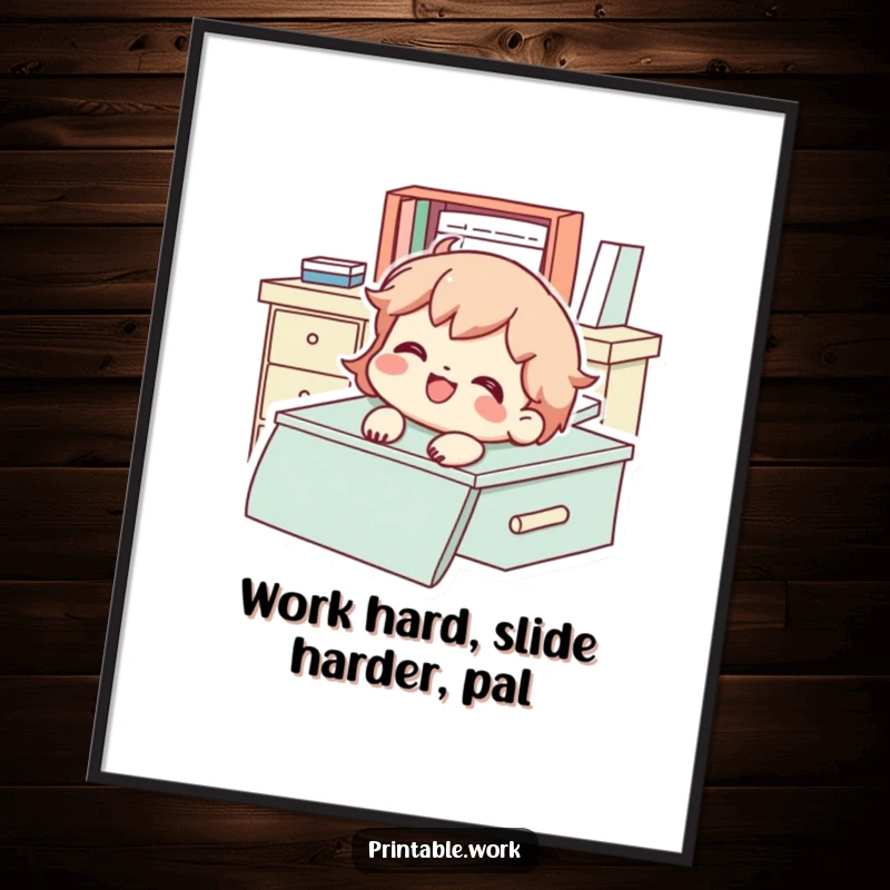 Funny Free Printable Wall Art: A character gleefully sliding down a desk, captured mid-descent with a big smile.