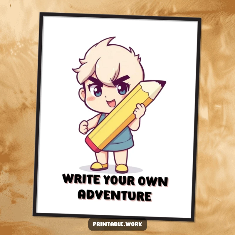 Funny Free Printable Wall Art: Character with a determined yet joyful expression holding an oversized pencil, symbolizing creativity and inspiration in art.