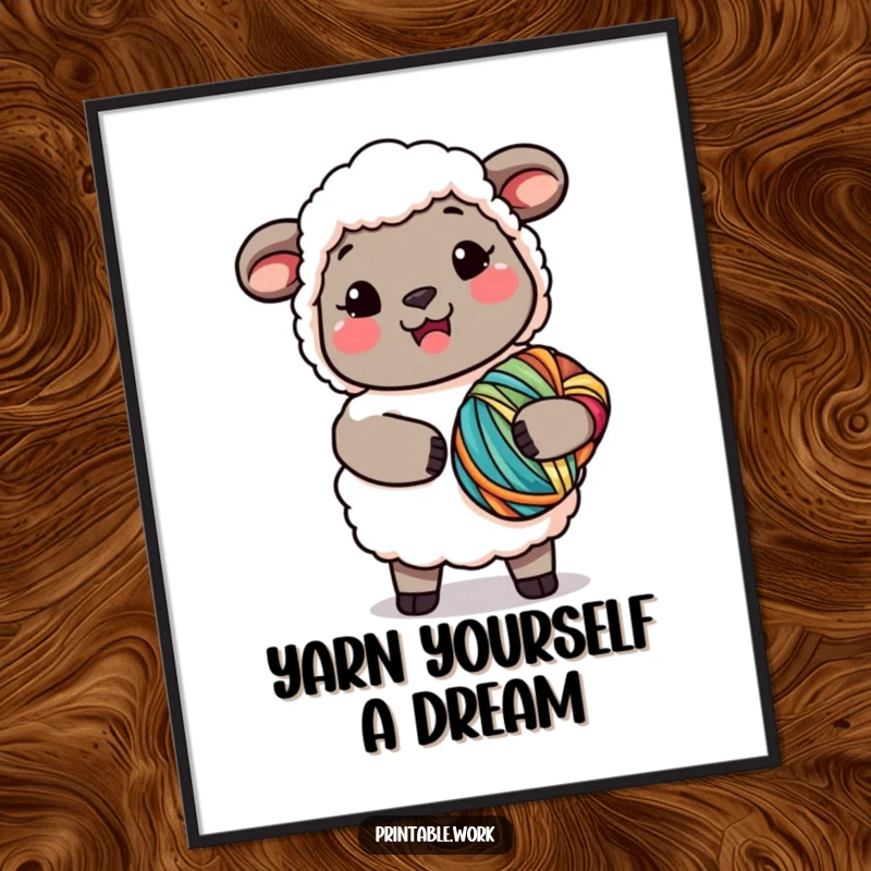 Funny Free Printable Wall Art: Kawaii Sheep smiling, holding a bundle of colorful yarn, cozy crafting theme. Downloadable art.