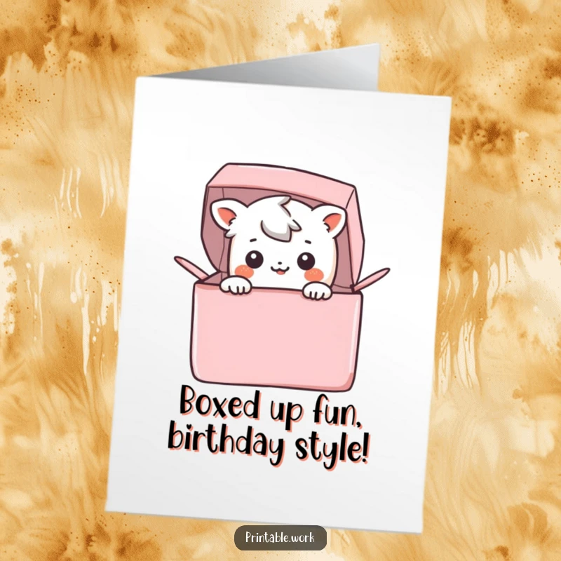 Funny Free Printable Birthday Card featuring a joyous Kawaii character peeking curiously from a vibrant, gift-like box, ready to celebrate.