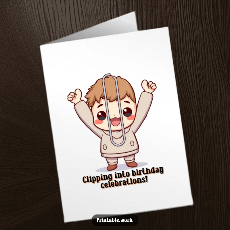 Funny free printable birthday card showing a character proudly holding a giant oversized paperclip, celebrating a minor victory.