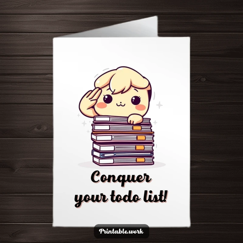 Funny Free Printable Birthday Card: Kawaii office worker salutes a huge stack of files with a determined, happy expression.