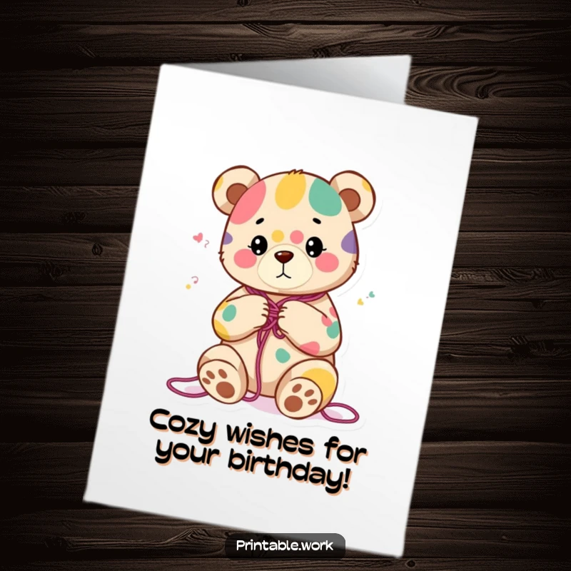 Funny Free Printable Birthday Card featuring a content bear character happily knitting a colorful, abstract pattern, sending warm wishes.