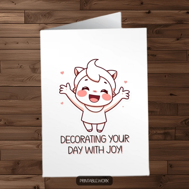 Funny Free Printable Birthday Card: A cute character smiles while enthusiastically decorating a card.