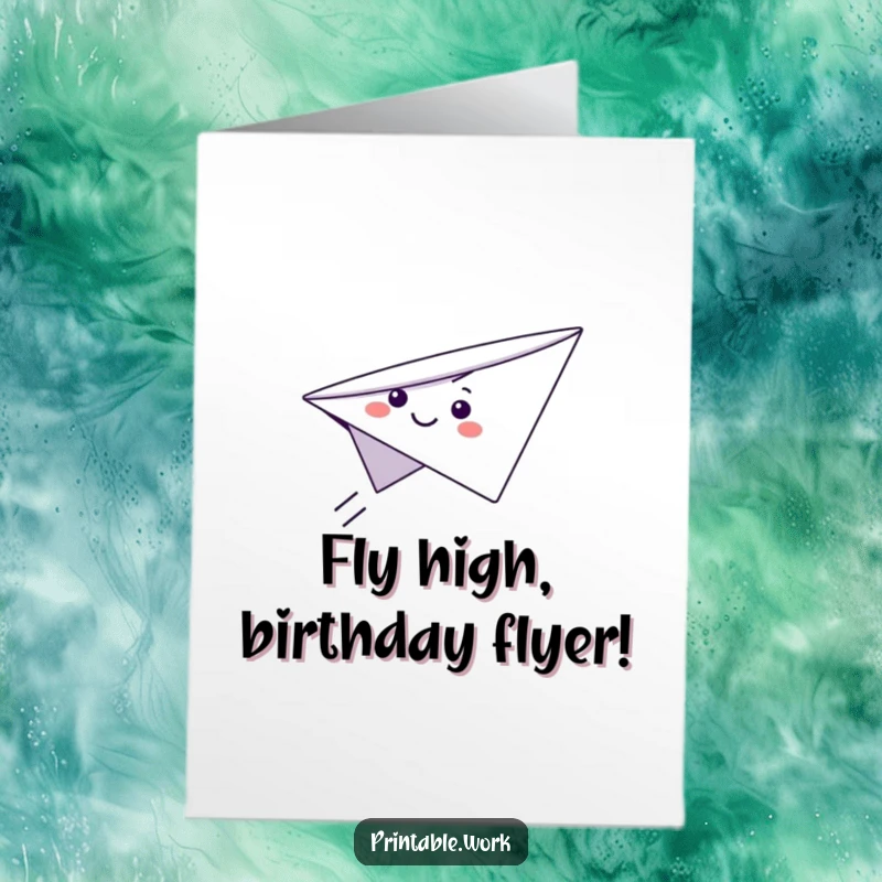 Funny Free Printable Birthday Card: A cute paper airplane character with a big smile flying joyfully through the sky.