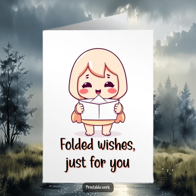 Funny free printable birthday card featuring a printer character proudly offering a perfectly folded piece of paper, symbolizing perfection and celebration.