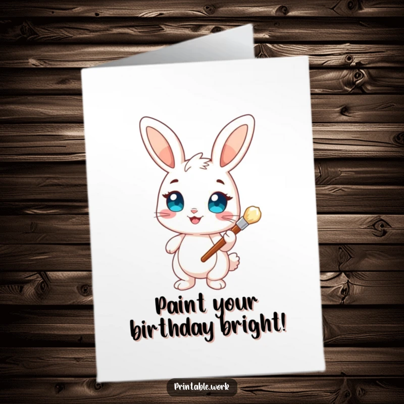 Funny Free Printable Birthday Card: A cheerful bunny with bright eyes holding a paintbrush, ready to create birthday magic.