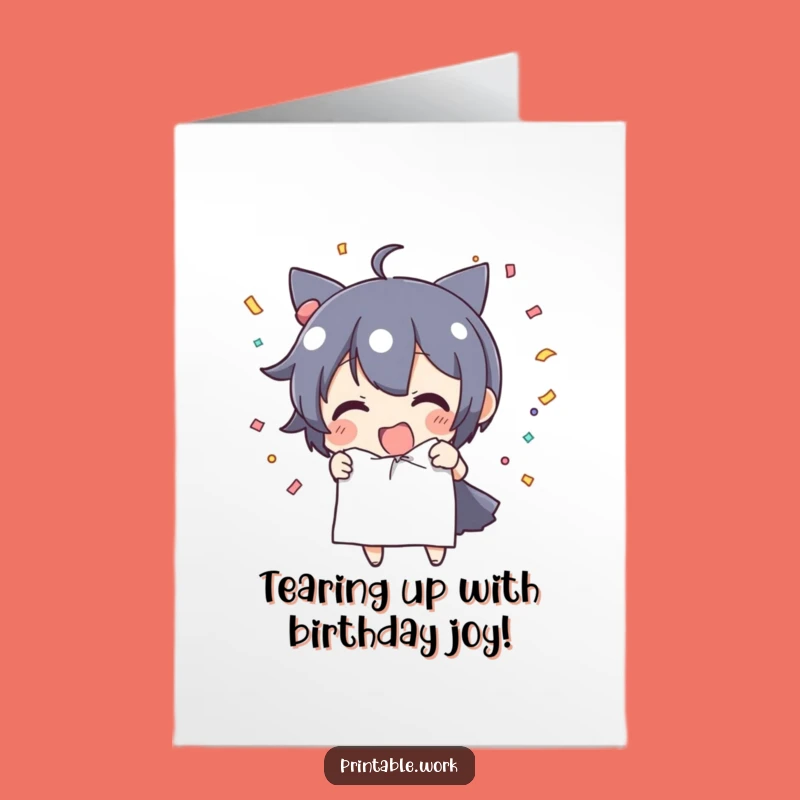 Free Printable Birthday Card: Confetti Tearing Character Downloadable Gift