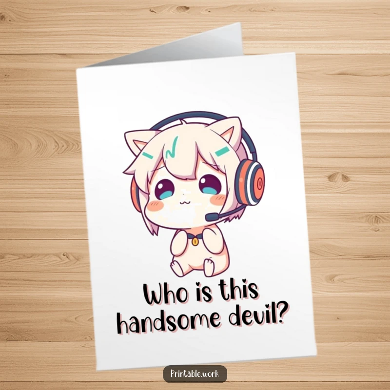 Funny Free Printable Birthday Card: Headset-wearing character bewildered by their own reflection, a hilarious downloadable gift.