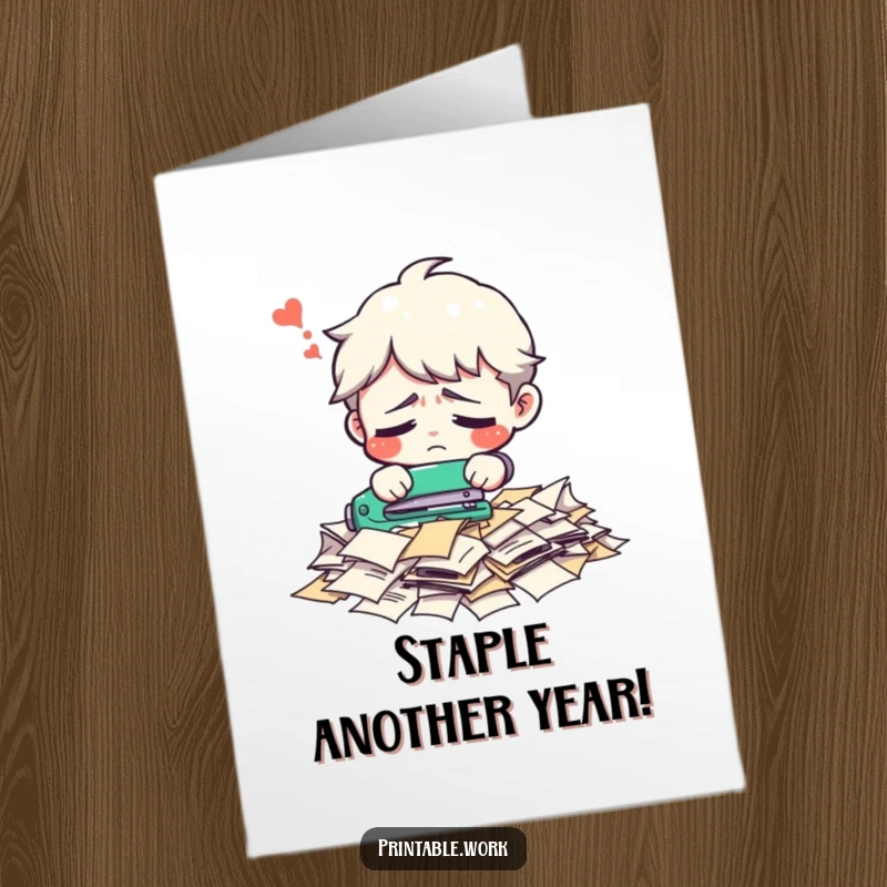 Funny Free Printable Birthday Card: Confused character struggling to staple a pile of loose papers.
