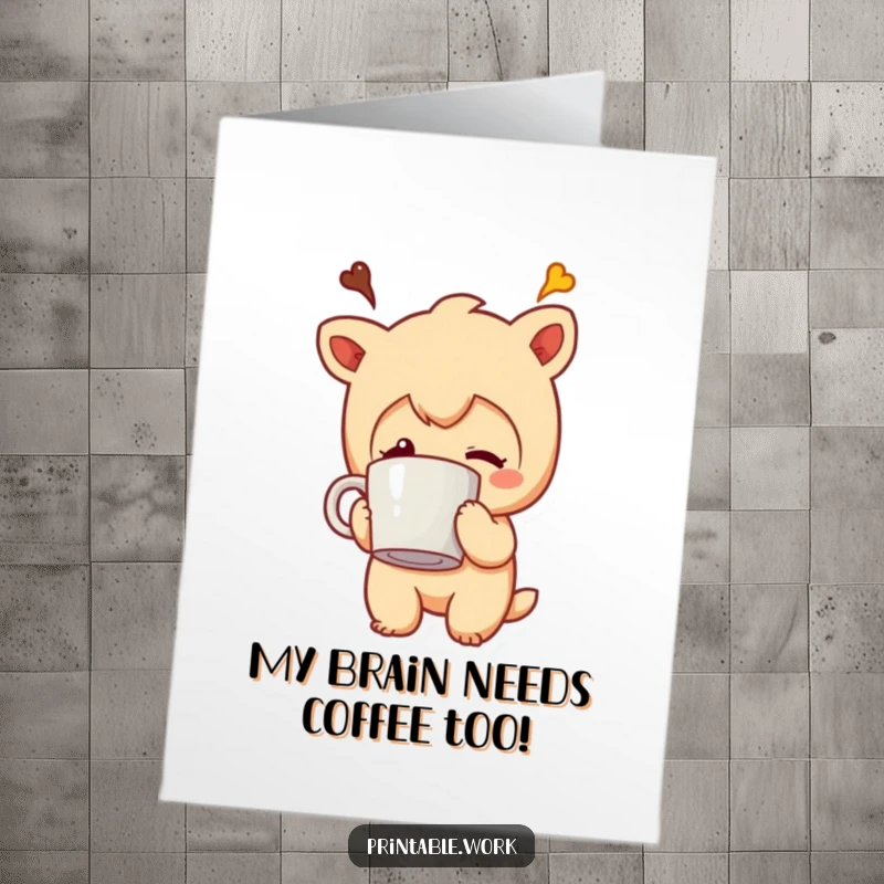 Funny Free Printable Birthday Card: Coffee Mug Head Character looking bewildered by its sticky situation, a great downloadable gift.