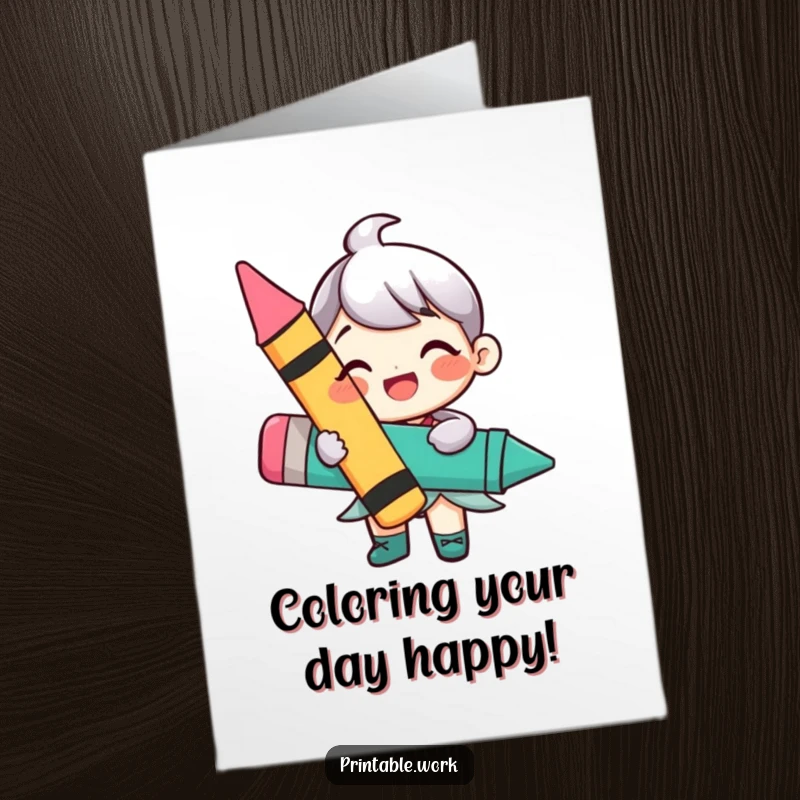 Funny Free Printable Birthday Card: Happy character gleefully holds a giant, colorful crayon, ready to draw smiles.