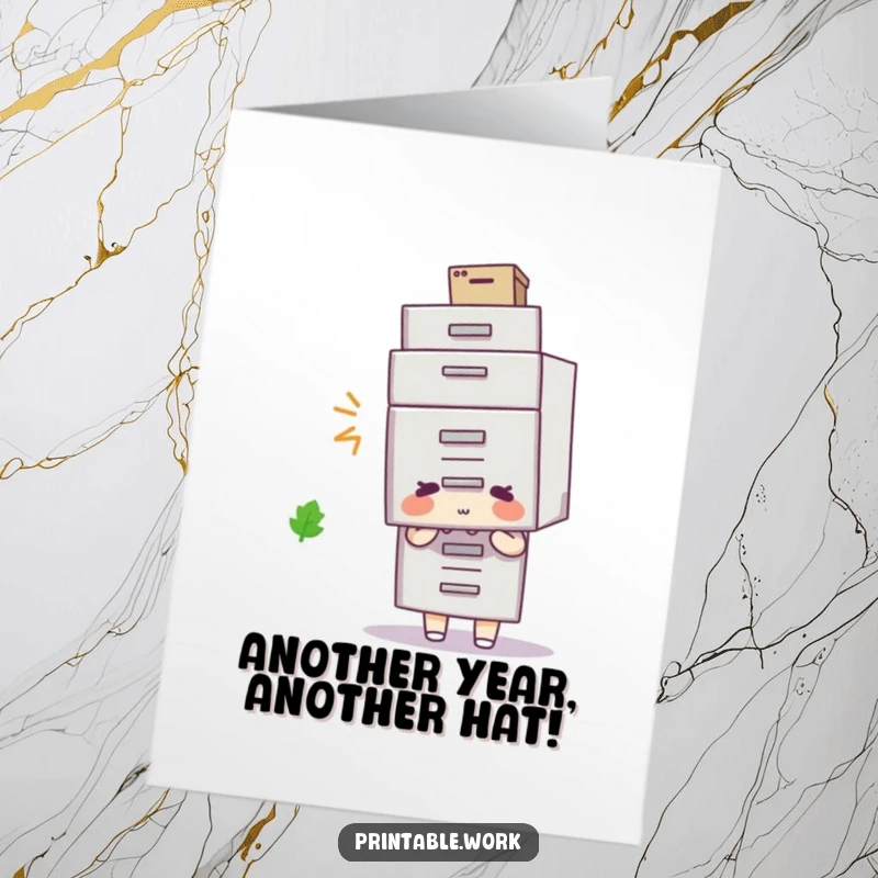 Funny Free Printable Birthday Card: A character sports a filing cabinet as a hat, showcasing unexpected fashion, a downloadable greeting.
