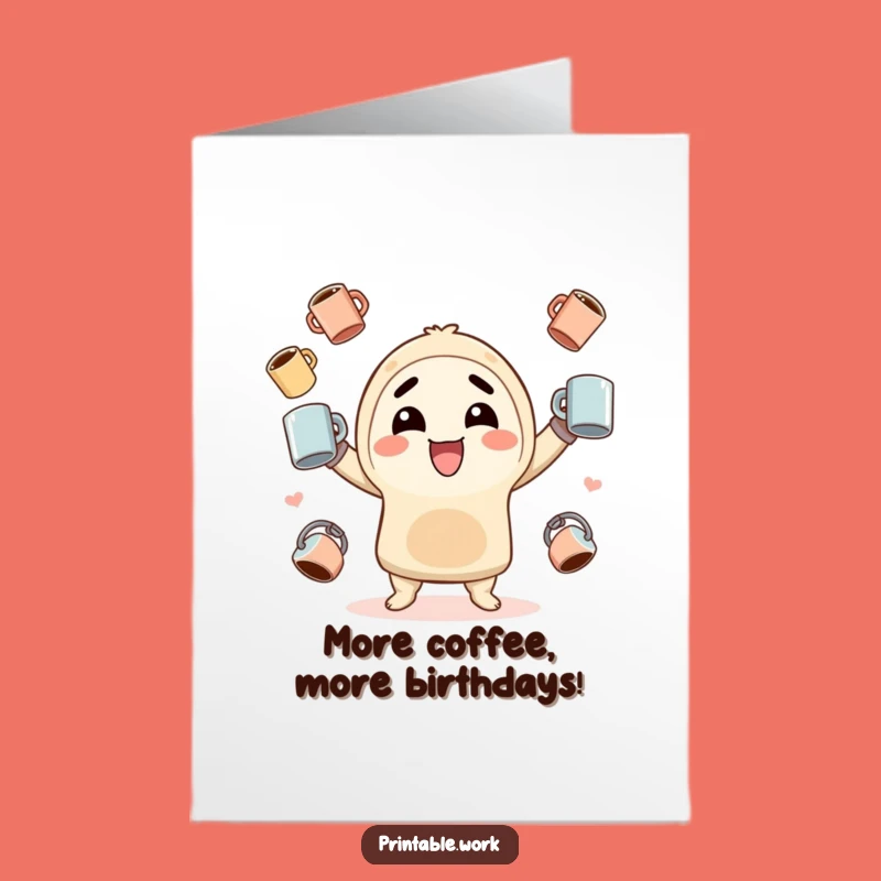 Free Printable Birthday Card: Funny Kawaii Coffee Juggler Greeting Download