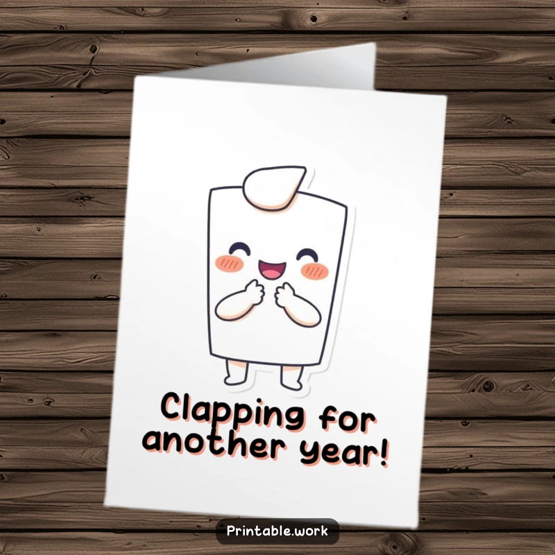 Funny free printable birthday card showing a cheerful paper character clapping enthusiastically with its tiny hands, spreading birthday joy.
