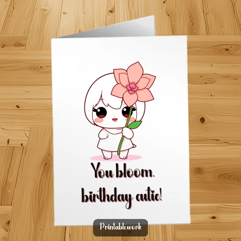 Funny Free Printable Birthday Card: Proud Kawaii character proudly displaying a delicate, hand-crafted paper flower.
